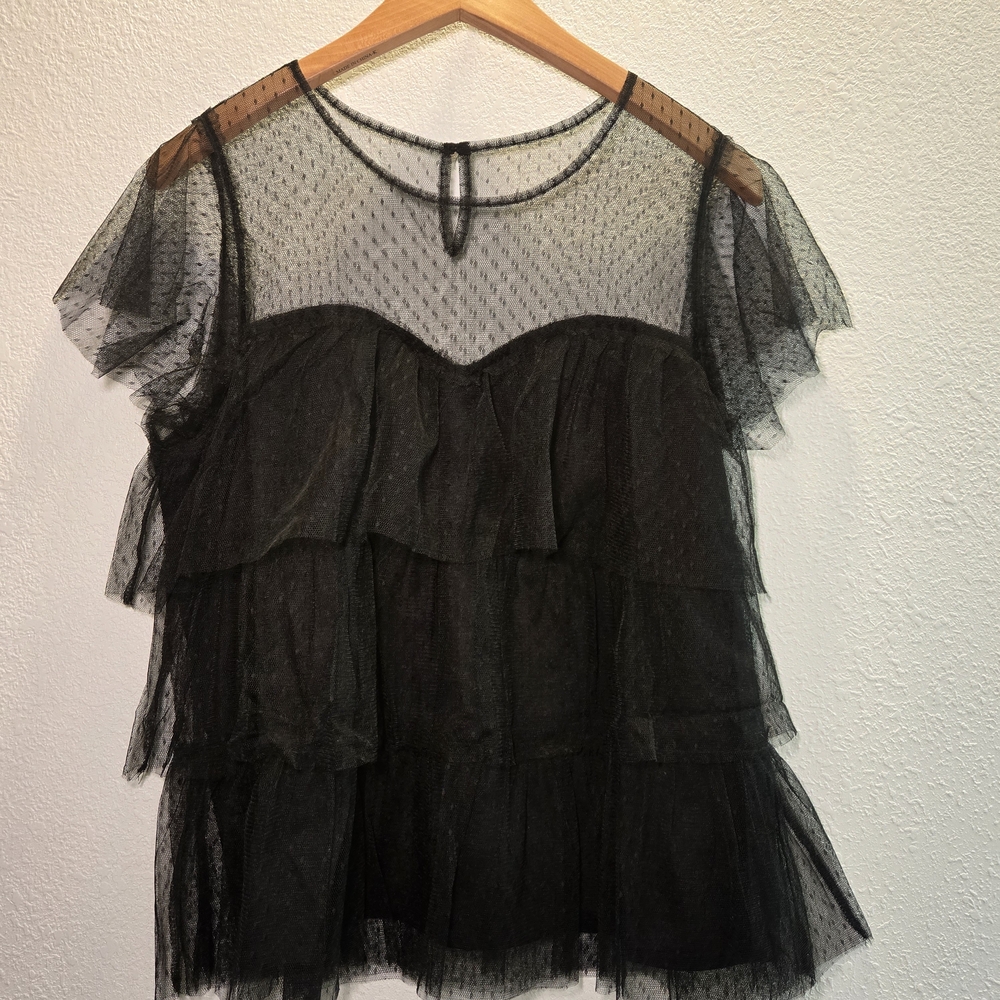 Black Shear Mesh Ruffled  Nwt Kye Mi Black Top Blouse Sz Large Festival Concert